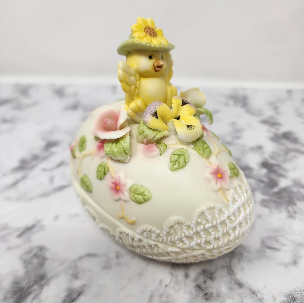 Decorative Egg with Yellow Chick and Flowers Trinket Box